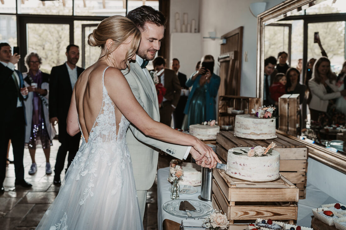 Das Brautpaar schneidet gemeinsam die Hochzeitstorte auf der Maisenburg an – umgeben von Gästen und festgehalten von Hochzeitsfotografin Patricia Hamann aus Ulm.