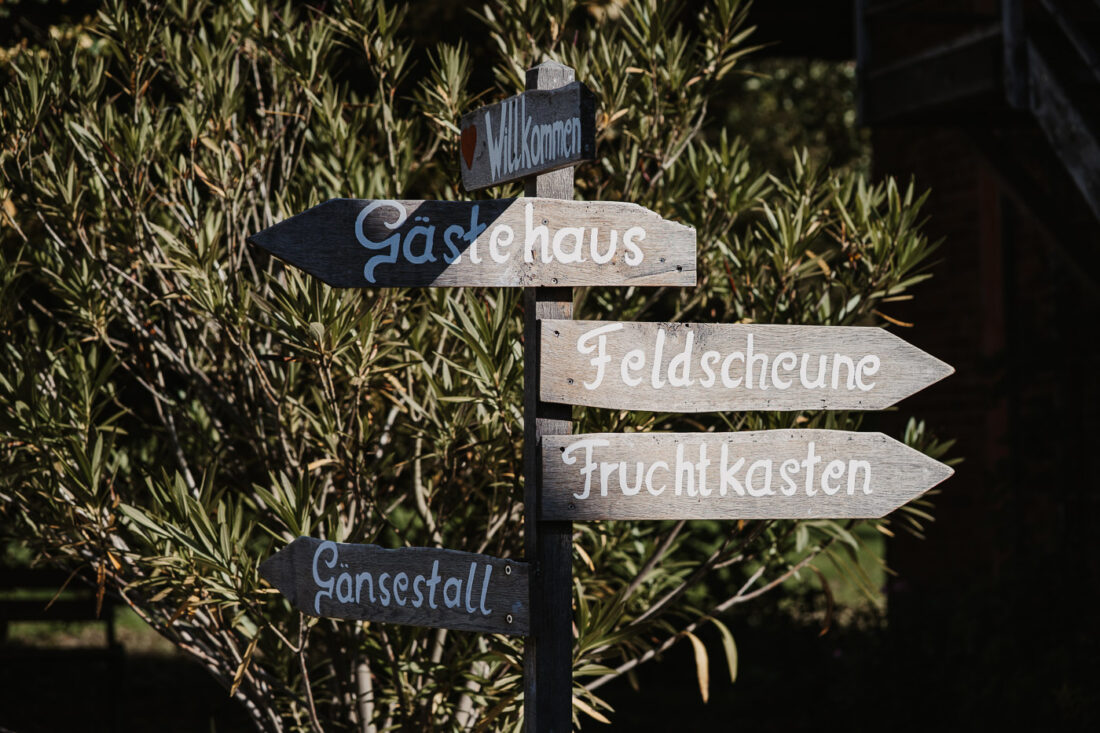 Rustikale Holzwegweiser zu den Locations Feldscheune und Fruchtkasten auf dem Steinbachhof.